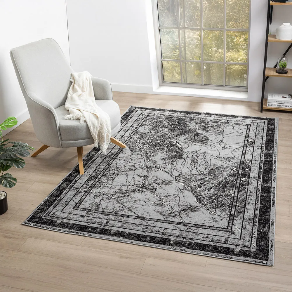 Obsidian Abstract Frame Rug - Grey, Polypropylene