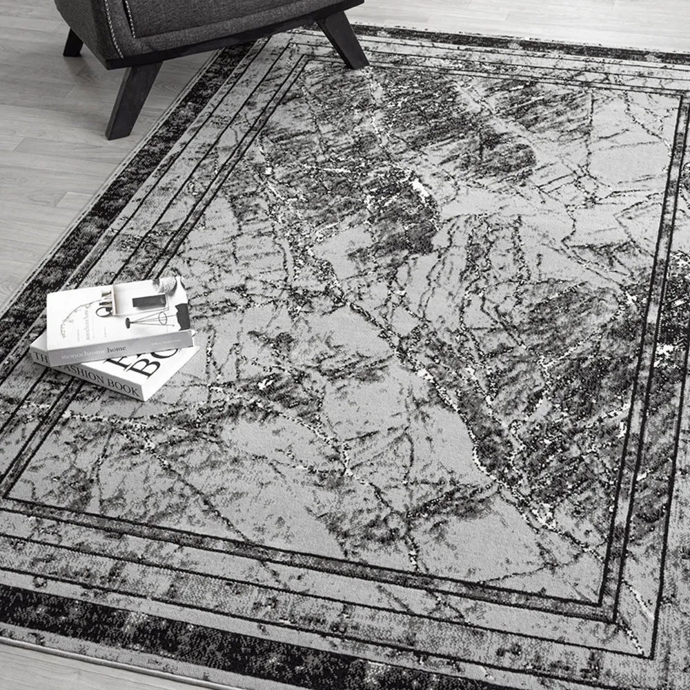 Obsidian Abstract Frame Rug - Grey, Polypropylene
