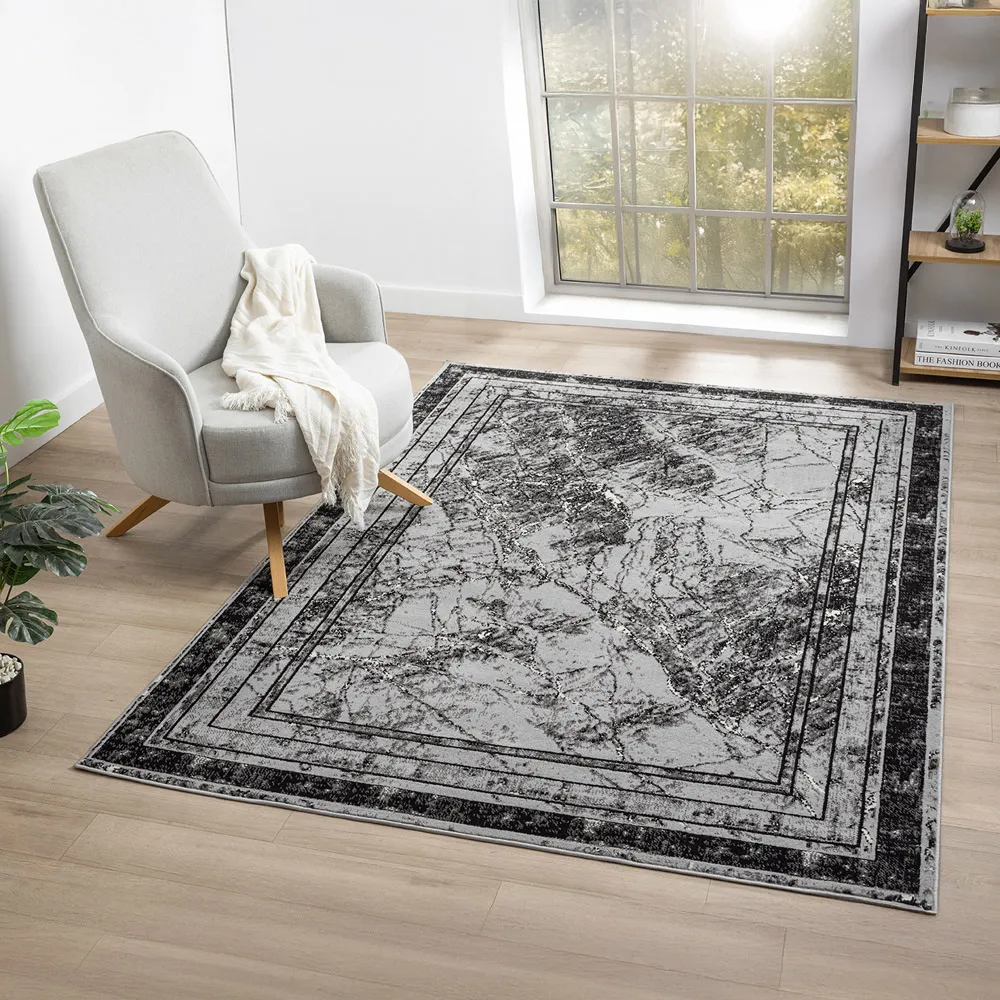 Obsidian Abstract Frame Rug - Grey, Polypropylene