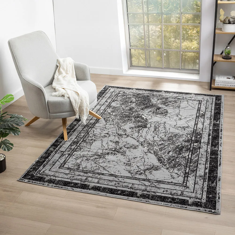 Obsidian Abstract Frame Rug - Grey, Polypropylene