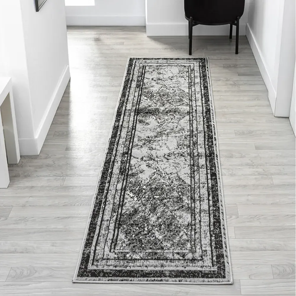 Obsidian Abstract Frame Rug - Grey, Polypropylene