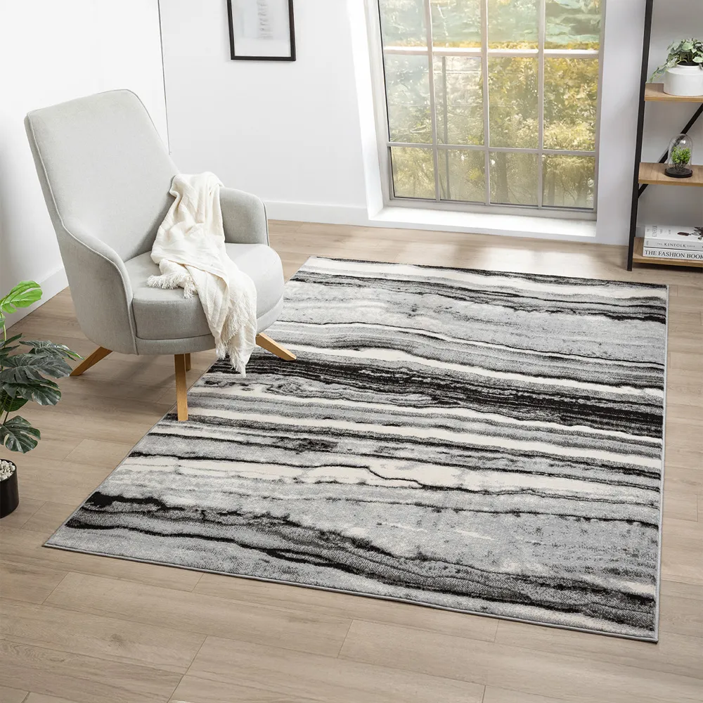Obsidian Coast Waves Abstract Rug - Grey, Polypropylene