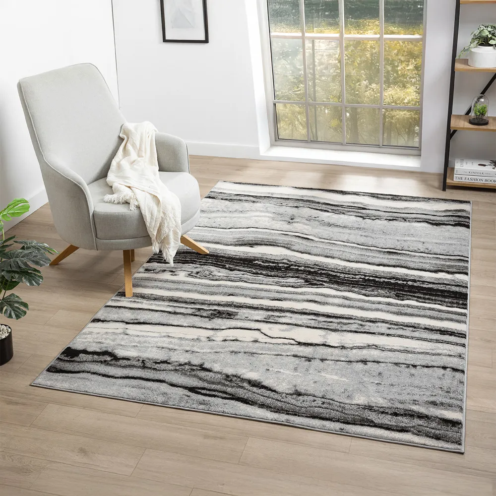 Obsidian Coast Waves Abstract Rug - Grey, Polypropylene