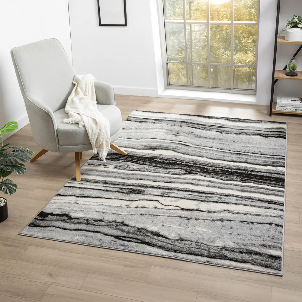 Obsidian Coast Waves Abstract Rug - Grey, Polypropylene