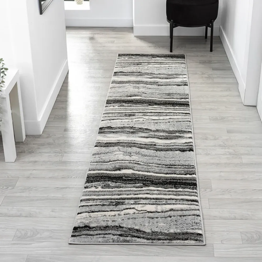 Obsidian Coast Waves Abstract Rug - Grey, Polypropylene