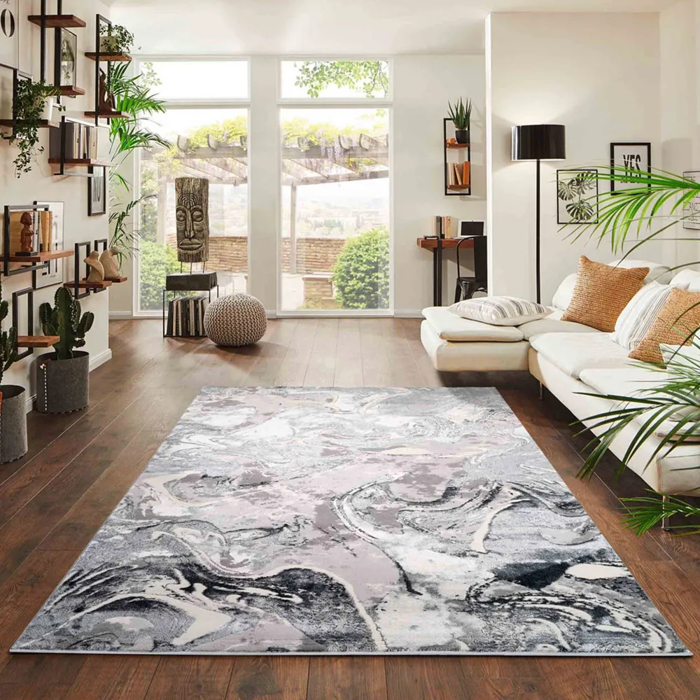 Solarius Grunge Marbling Abstract Area Rug - Silver