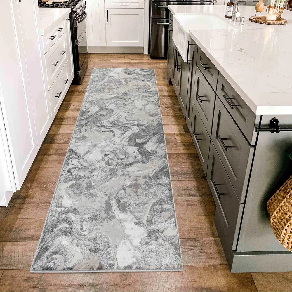 Solarius Grunge Marbling Abstract Area Rug - Silver