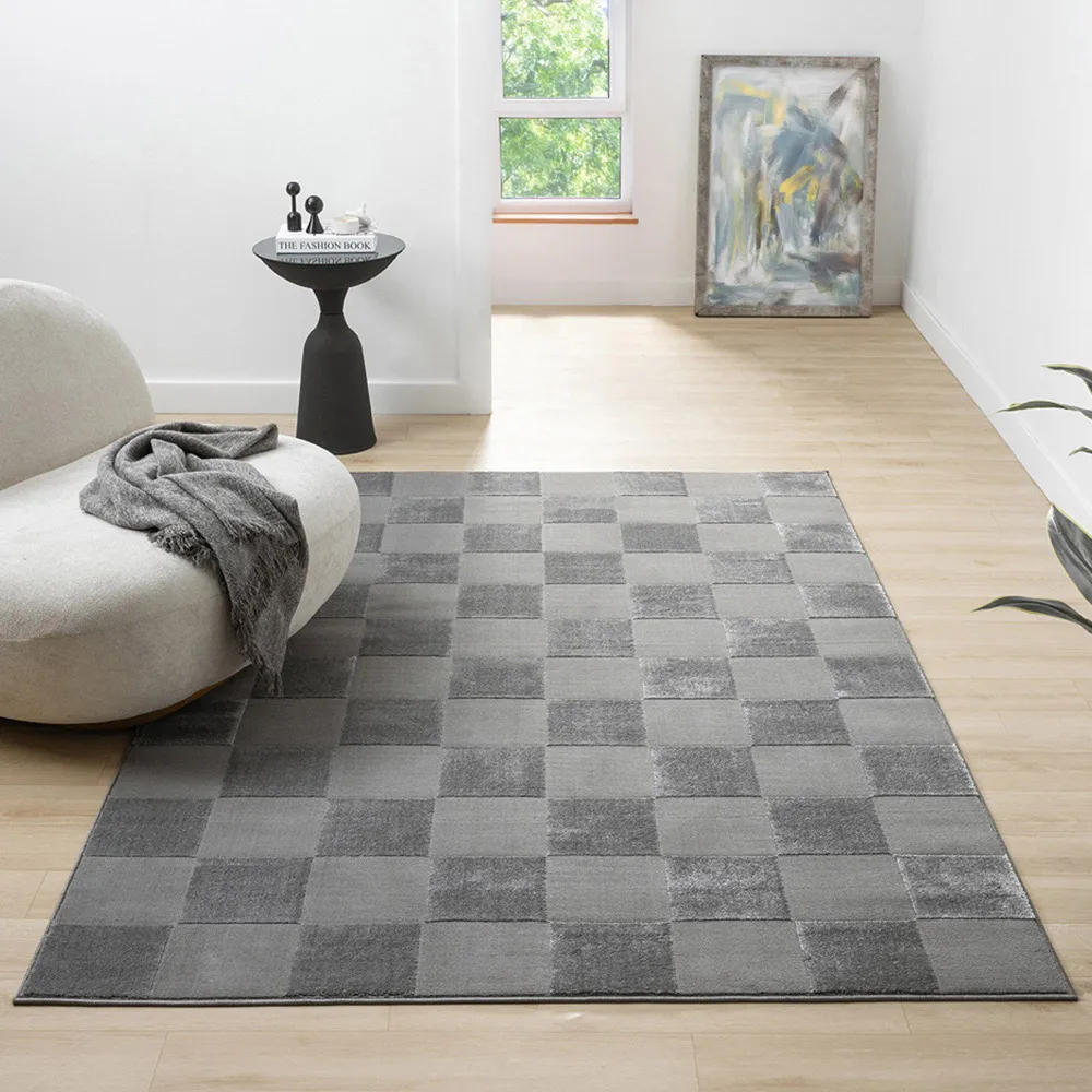 Vellure Grey Metallic Grid Design Rug - Grey