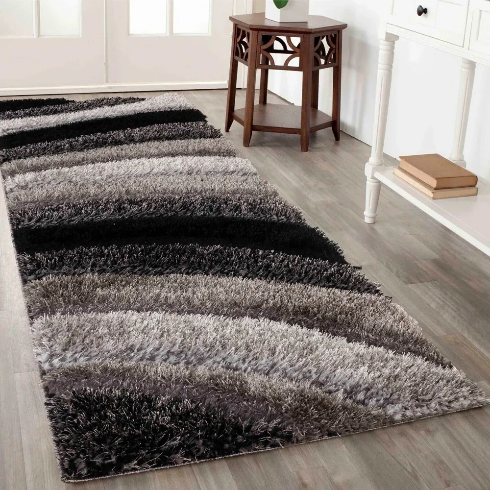 Waves Shimmer Shaggy Area Rug - Grey, Polyester