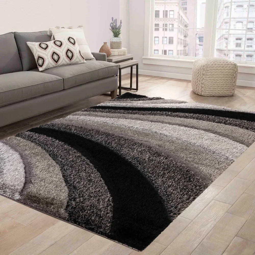 Waves Shimmer Shaggy Area Rug - Grey, Polyester