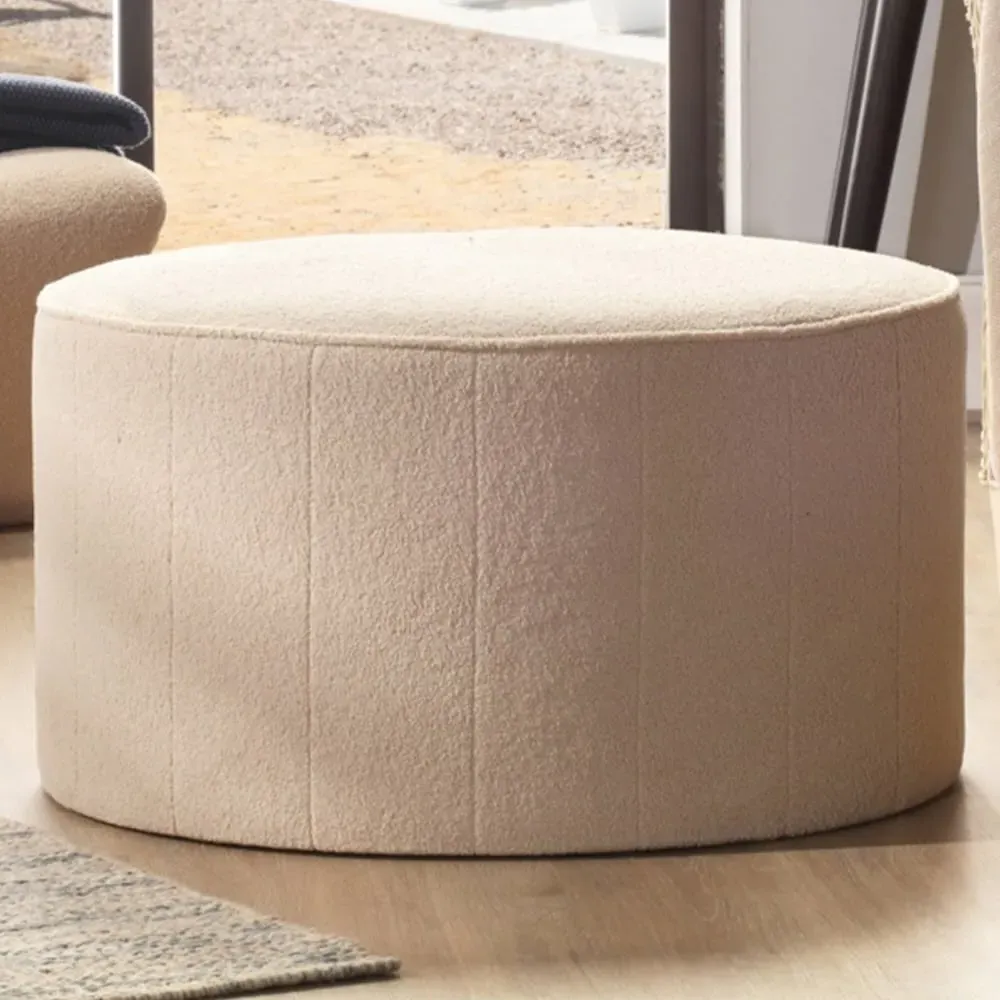 Large Round Pouffe - Cream, Boucle Fabric