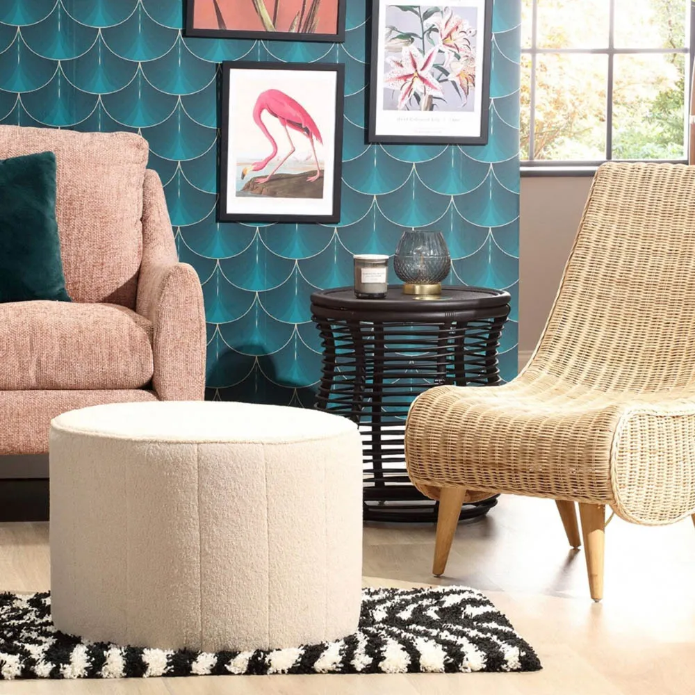 Medium Round Pouffe - Cream, Boucle Fabric