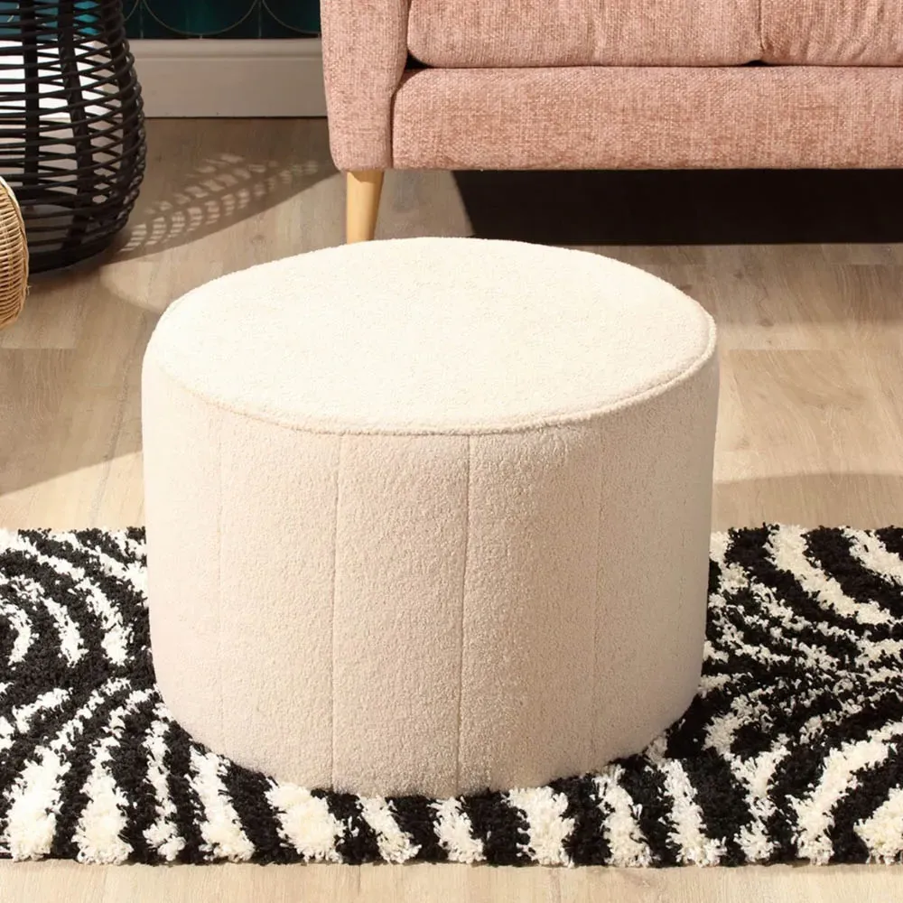 Medium Round Pouffe - Cream, Boucle Fabric
