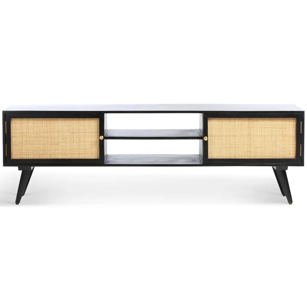 Manhattan 2 Door TV Unit with Storage - Black, Mango Wood