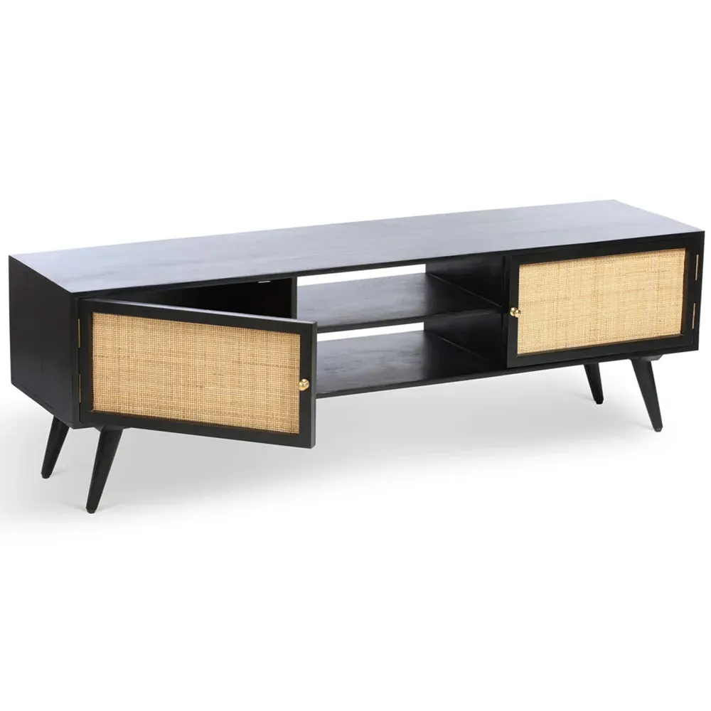 Manhattan 2 Door TV Unit with Storage - Black, Mango Wood