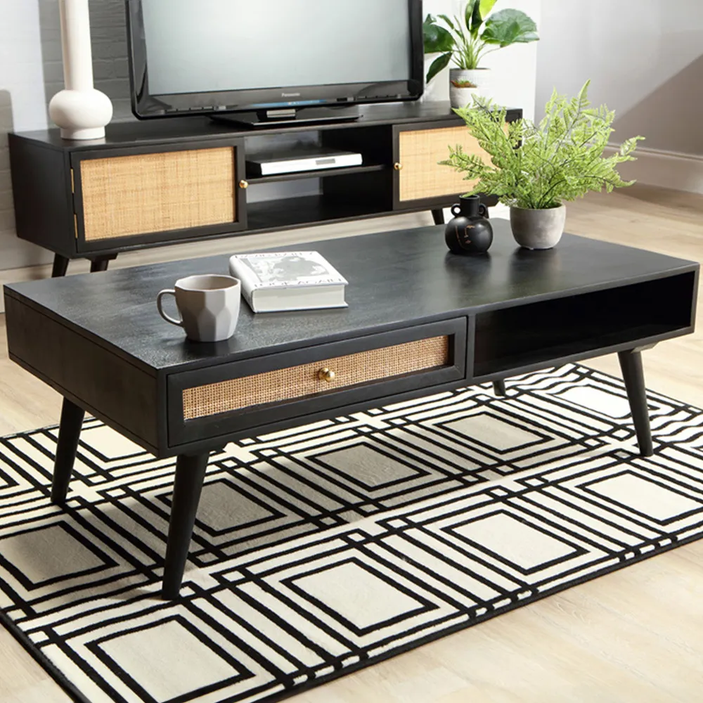 Manhattan 2 Drawer Coffee Table - Black, Rattan image
