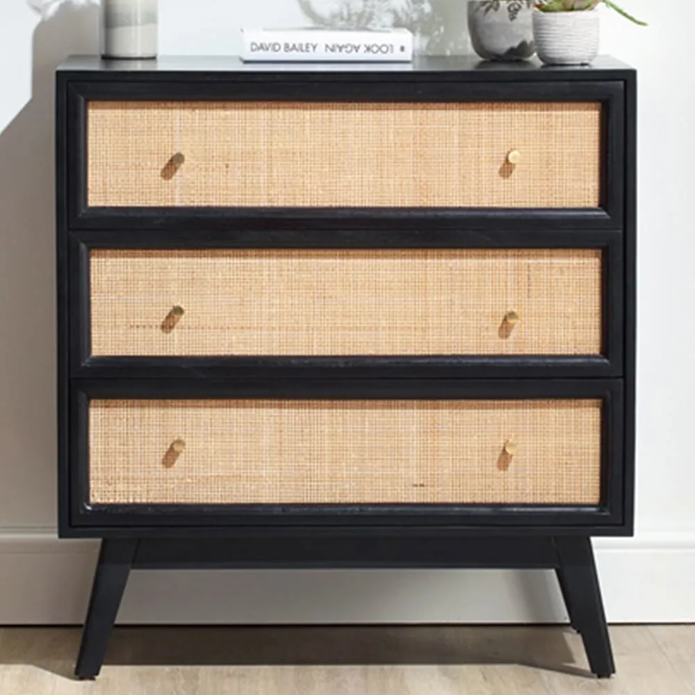 Venice 3 Drawer Chest of Drawers - Black, Mango Wood