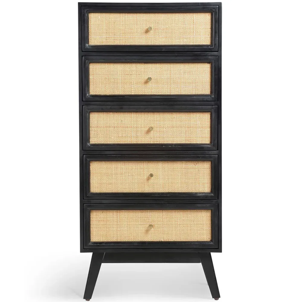 Venice 5 Drawer Tall Chest of Drawers - Black, Mango Wood