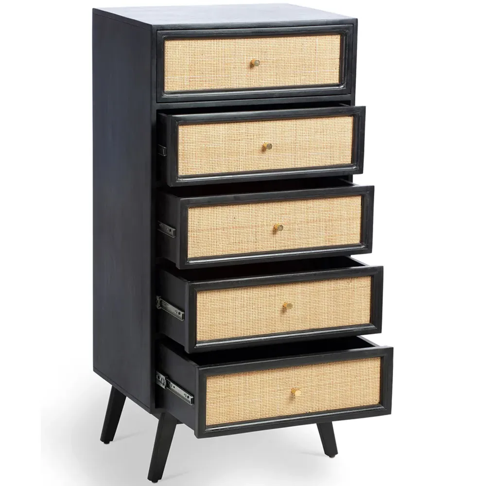 Venice 5 Drawer Tall Chest of Drawers - Black, Mango Wood