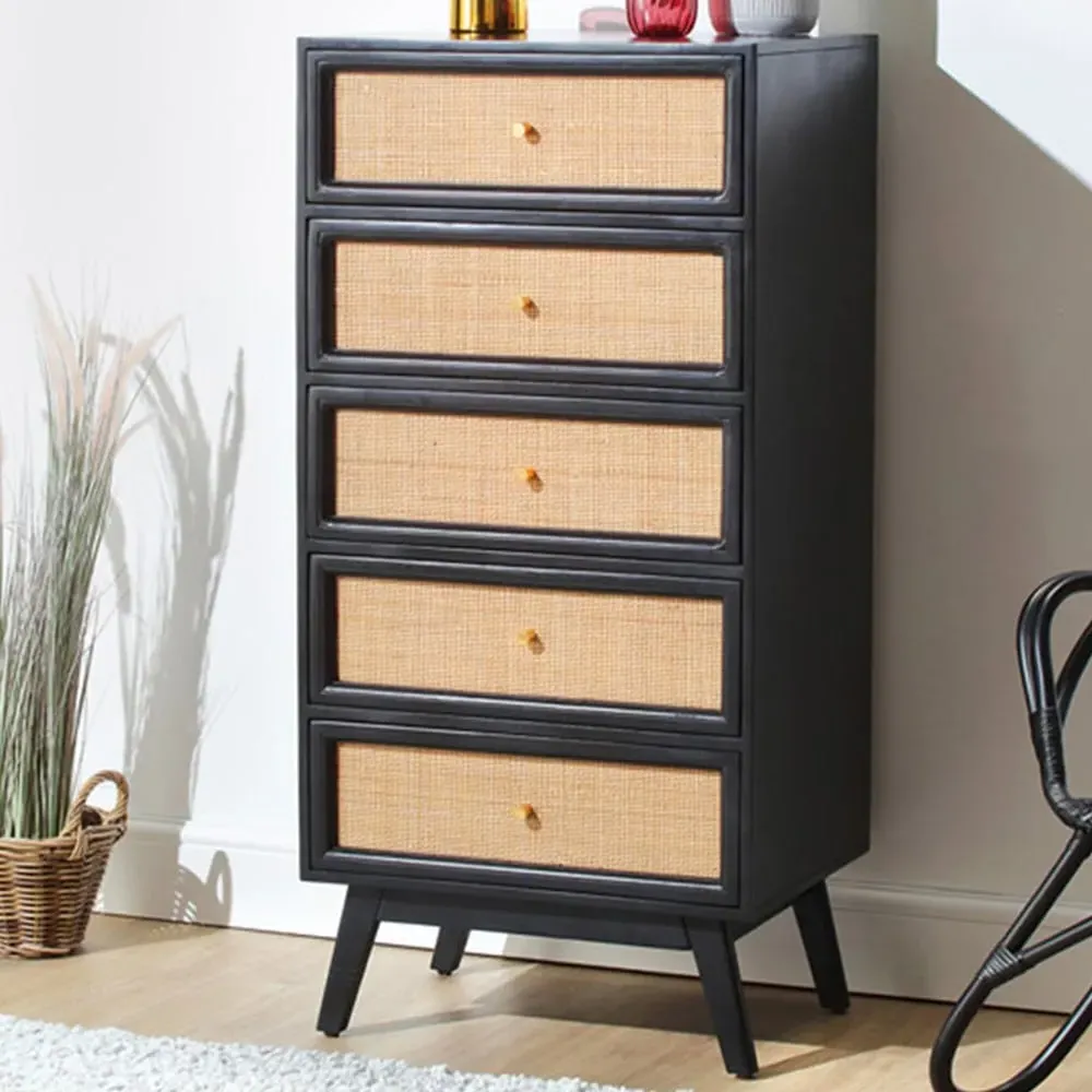 Venice 5 Drawer Tall Chest of Drawers - Black, Mango Wood