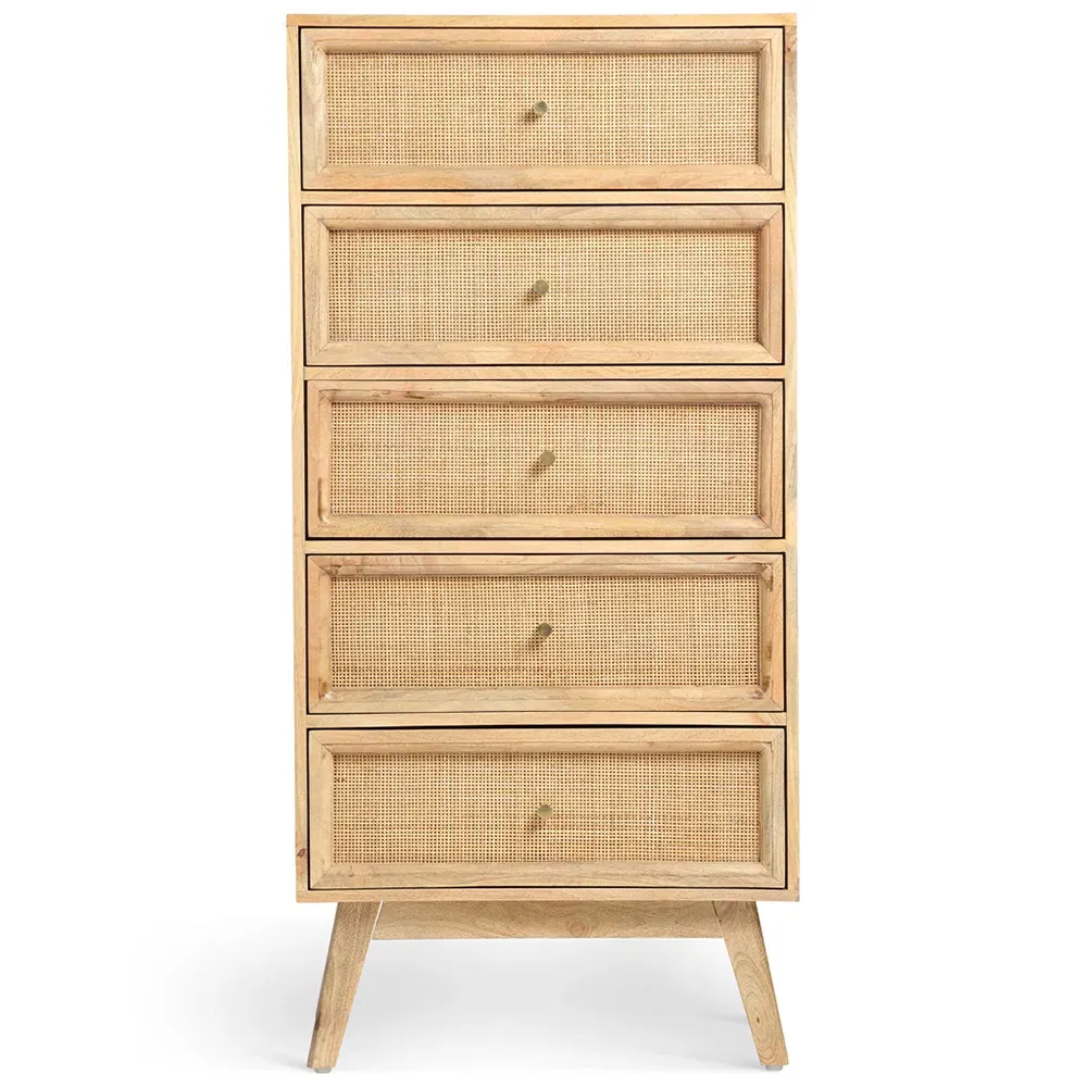 Venice 5 Drawer Tall Chest of Drawers - Natural, Mango Wood