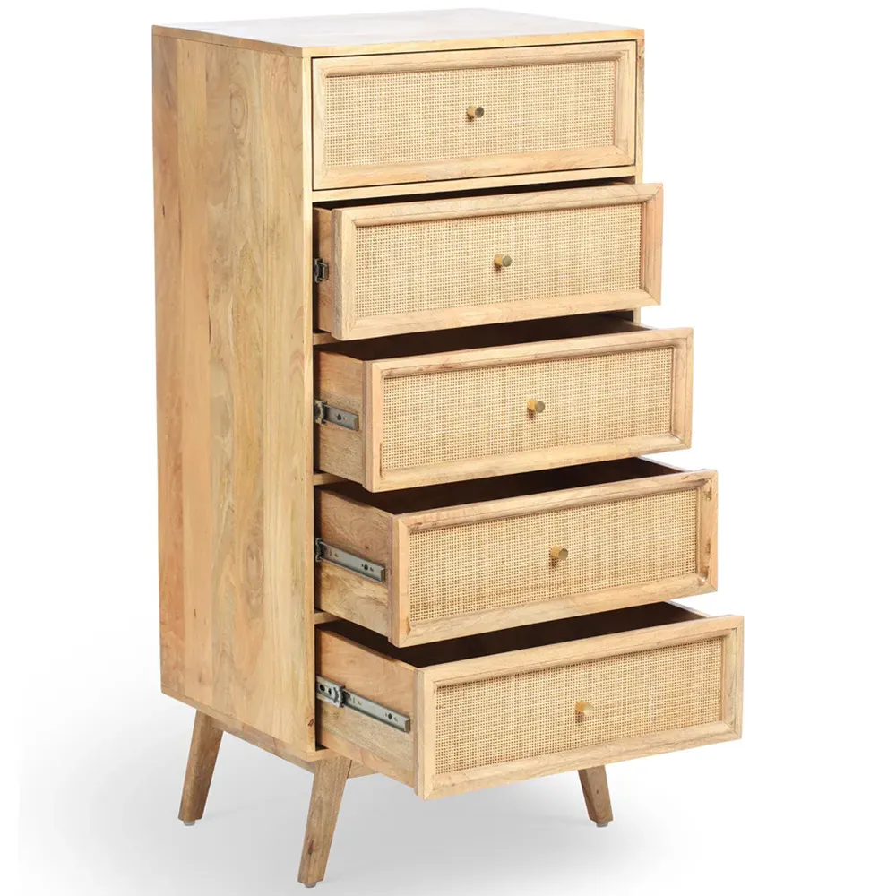 Venice 5 Drawer Tall Chest of Drawers - Natural, Mango Wood