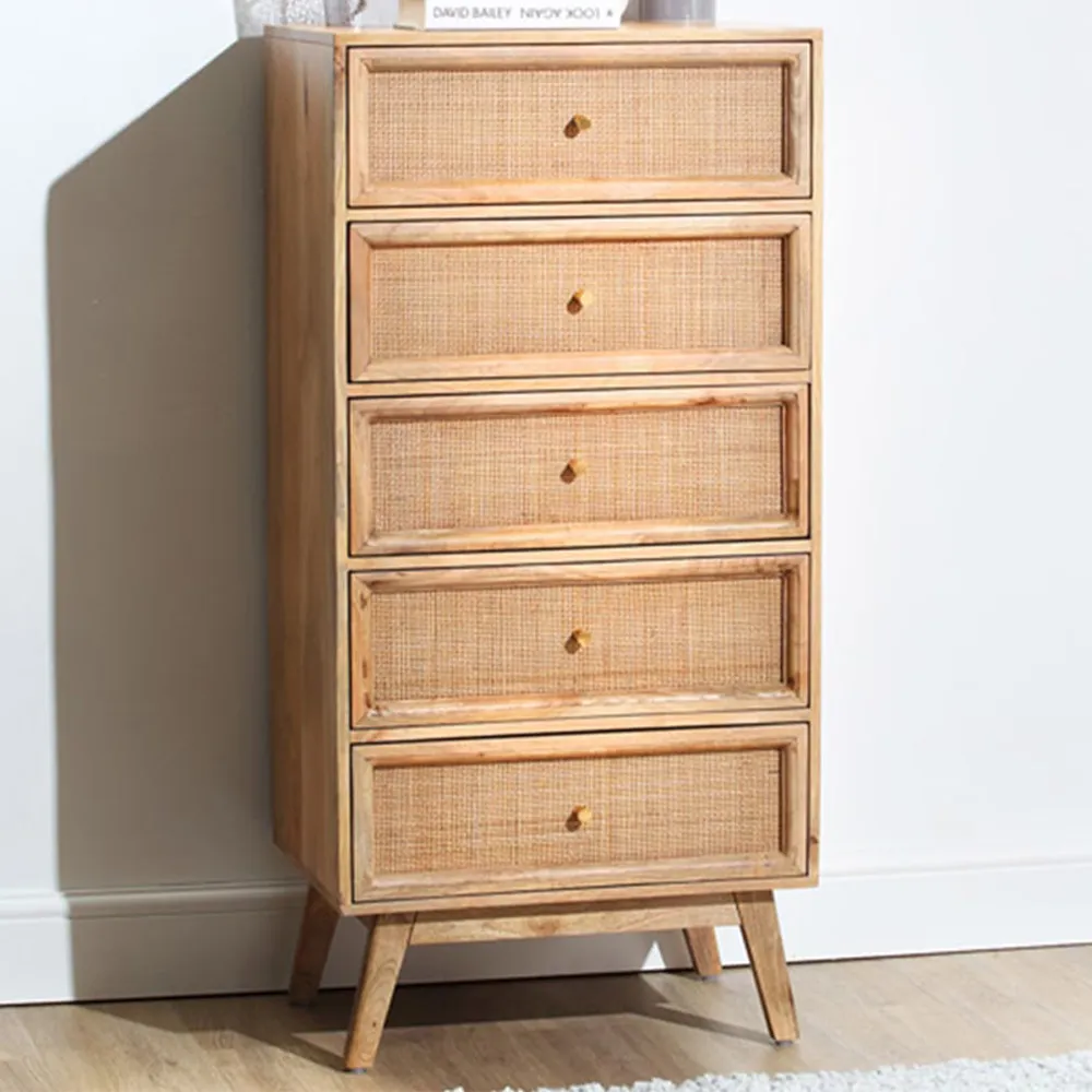 Venice 5 Drawer Tall Chest of Drawers - Natural, Mango Wood