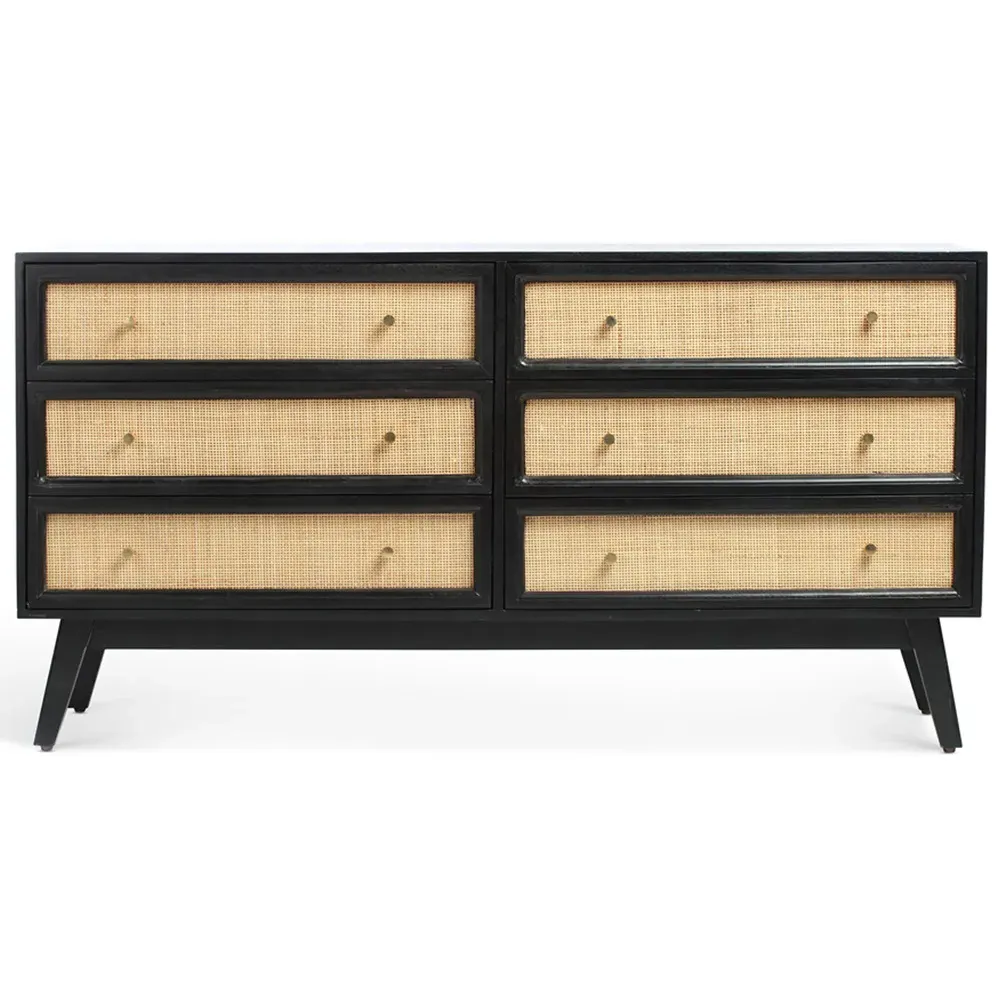 Venice 6 Drawer Wide Chest of Drawers - Black, Mango Wood