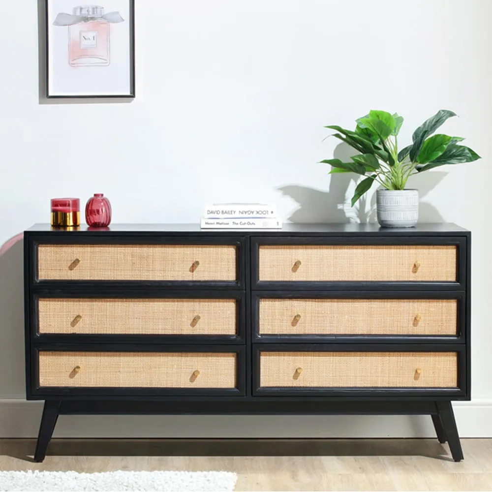 Venice 6 Drawer Wide Chest of Drawers - Black, Mango Wood