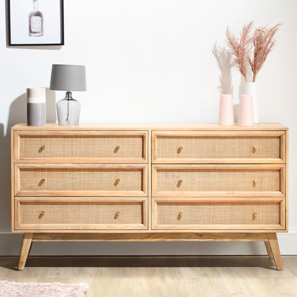 Venice 6 Drawer Wide Chest of Drawers - Natural, Mango Wood