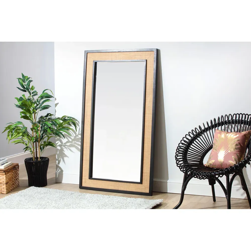 Venice Long Floor Mirror - Black, Rattan