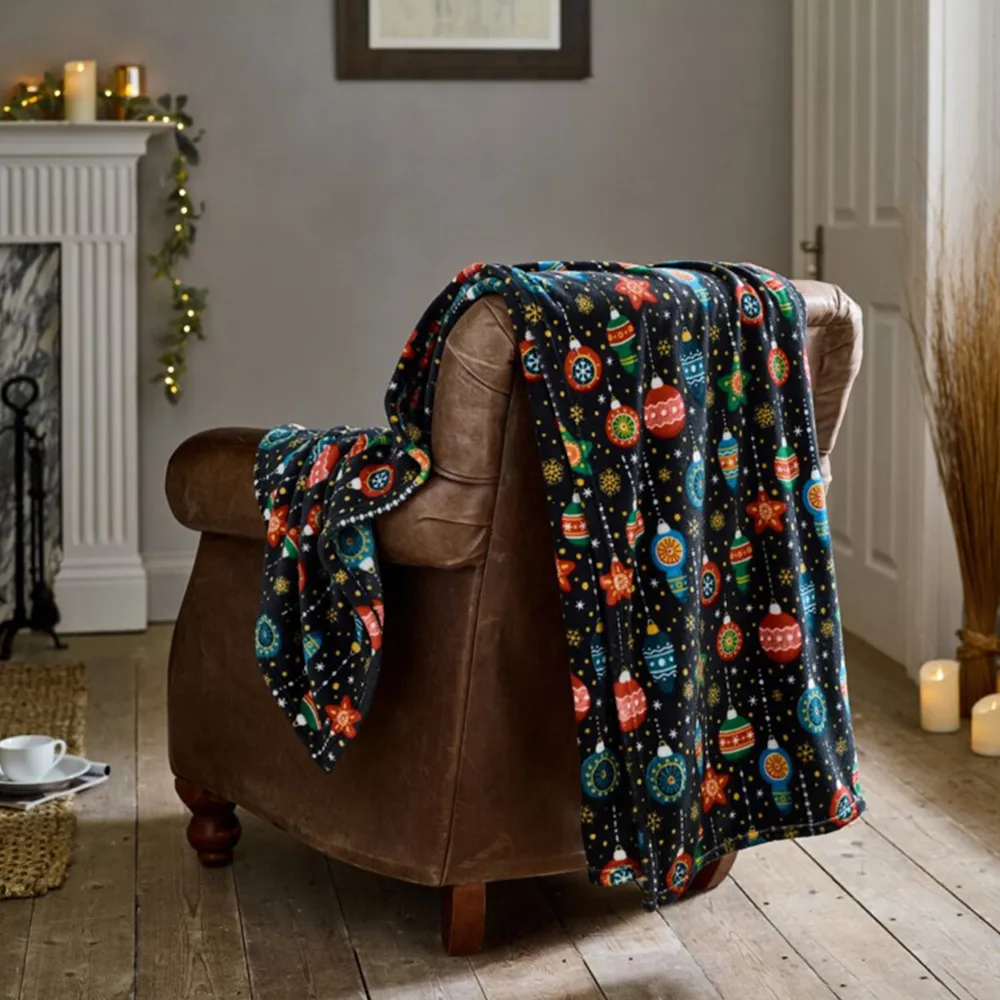 Baubles Christmas Throw - Navy, Coral Fleece