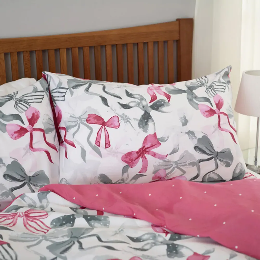 Bows Double Reversible Duvet Set - Pink, Polycotton