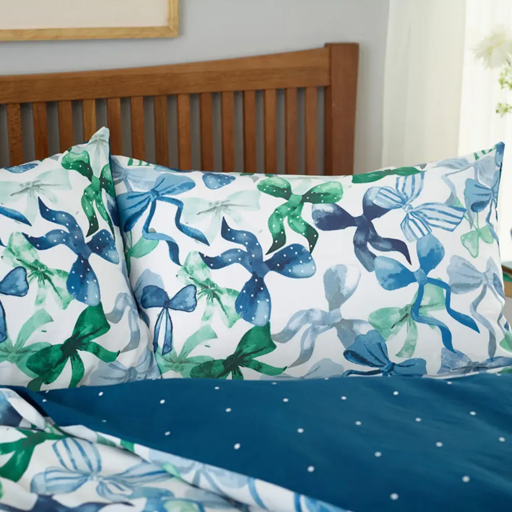 Bows King Size Reversible Duvet Set - Blue, Polycotton