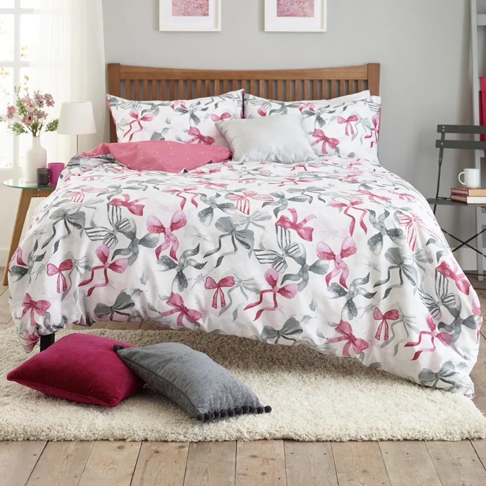 Bows King Size Reversible Duvet Set - Pink, Polycotton