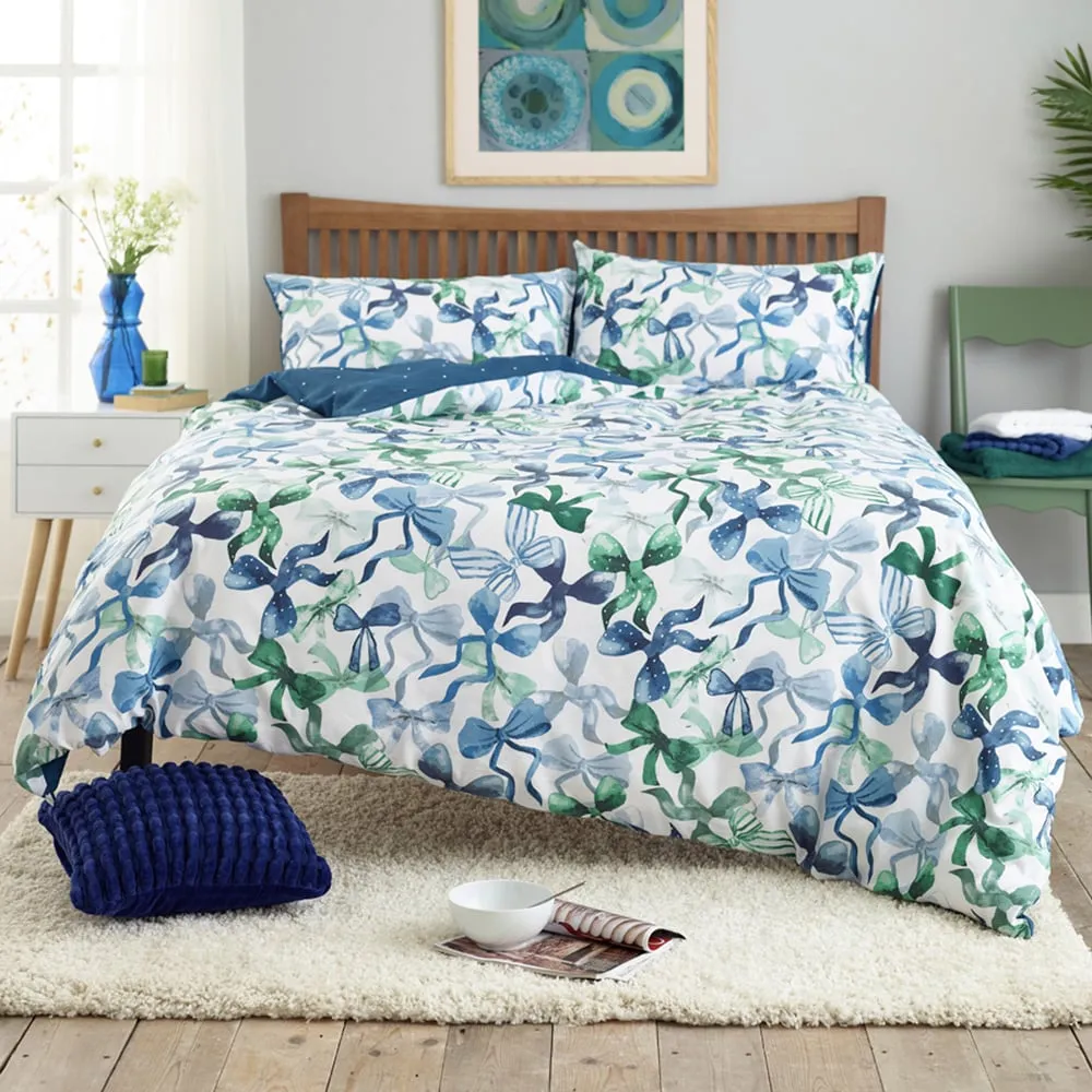 Bows Super King Size Reversible Duvet Set - Blue, Polycotton