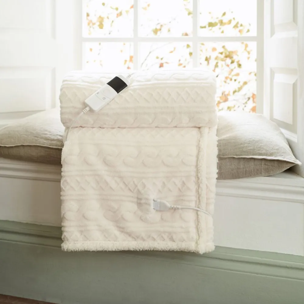 Cable Knit Sherpa Heated Throw with 10 Heat Settings - Cream