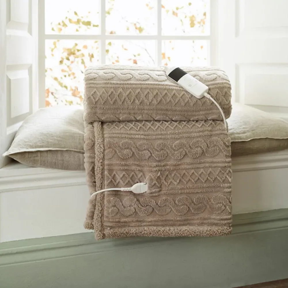 Cable Knit Sherpa Heated Throw with 10 Heat Settings - Taupe
