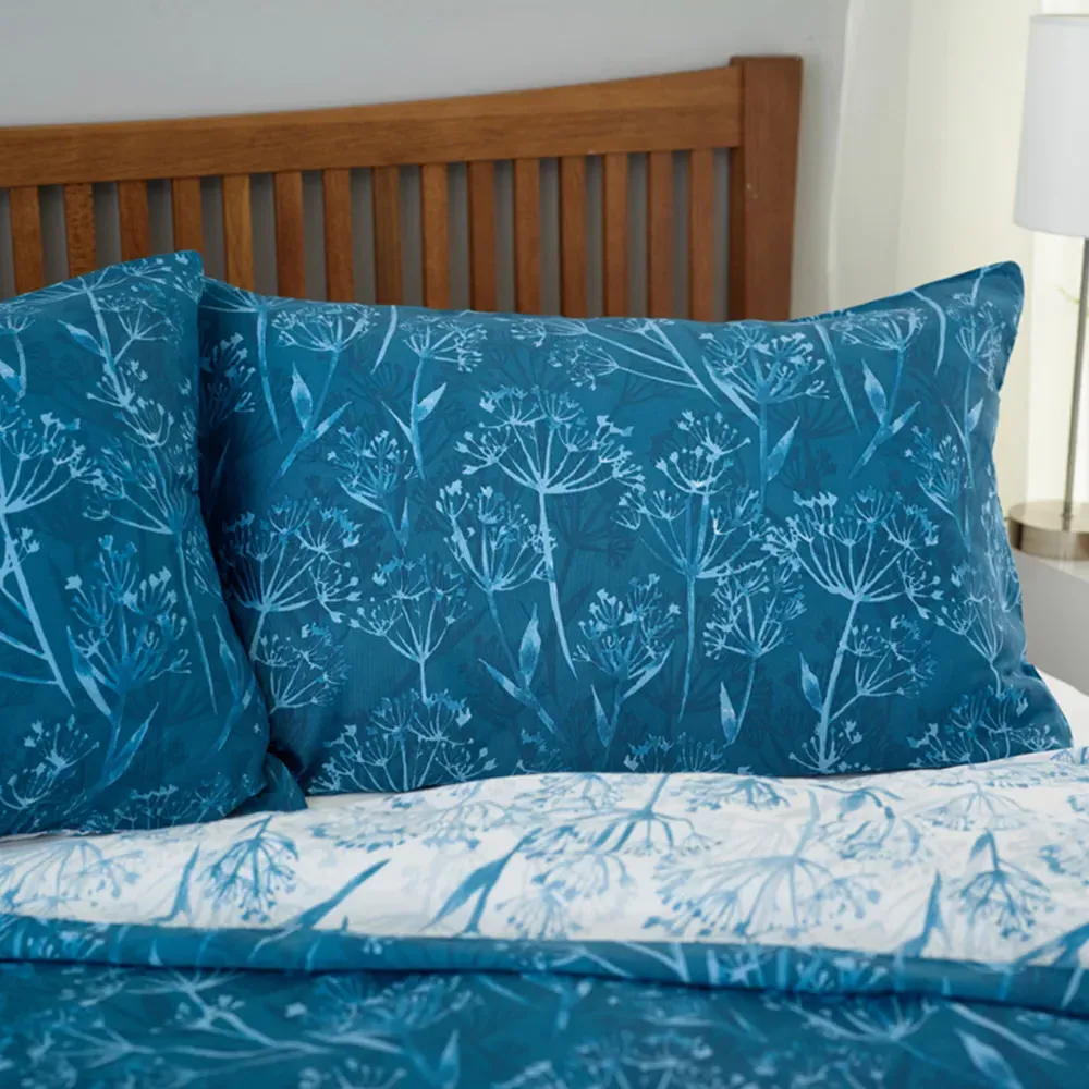 Cow Parsley King Size Duvet Set Reversible - Blue, Polycotton