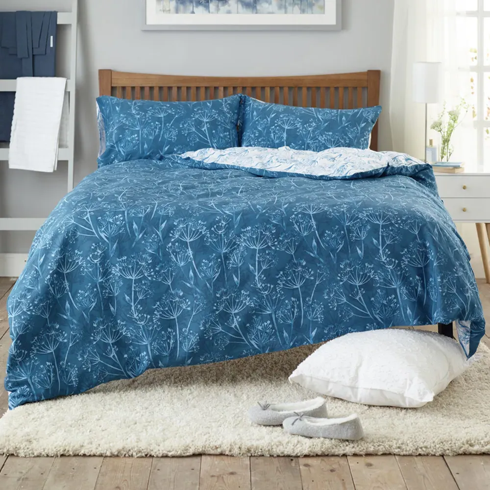 Cow Parsley King Size Duvet Set Reversible - Blue, Polycotton