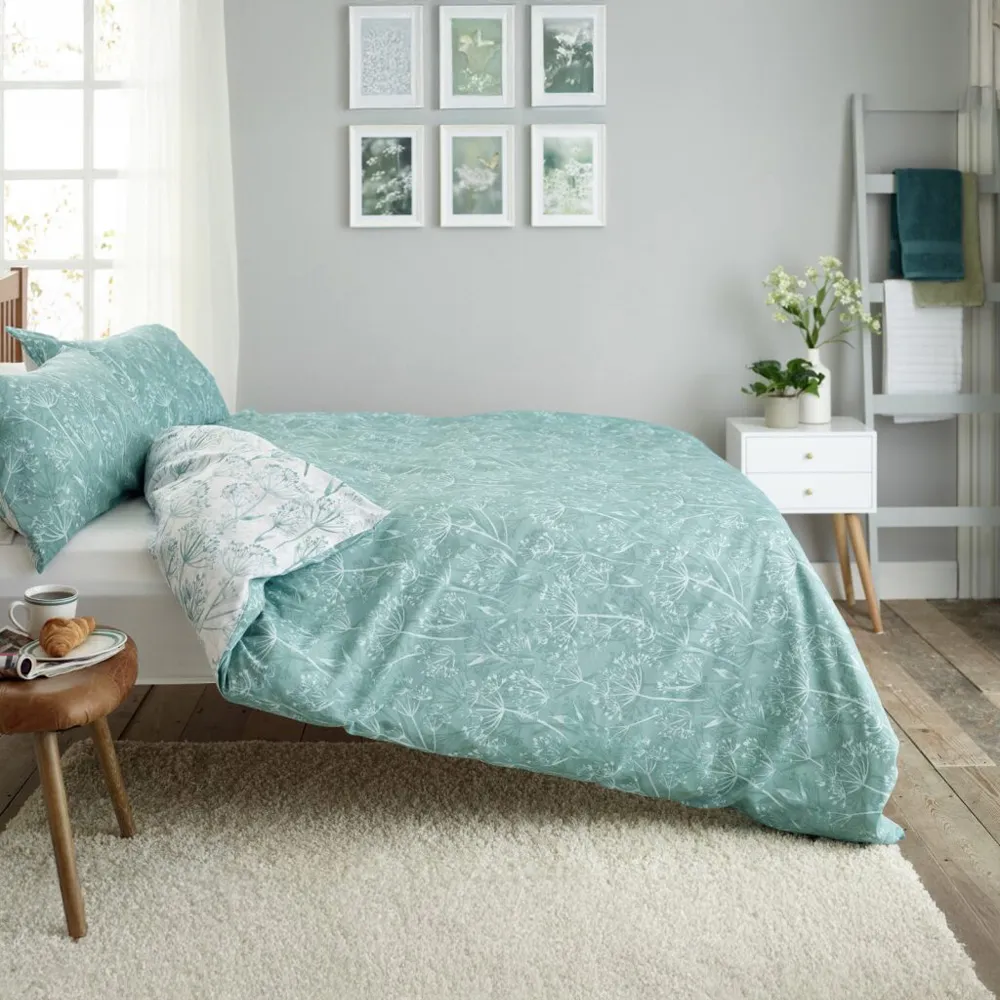 Cow Parsley Single Duvet Set Reversible - Green, Polycotton