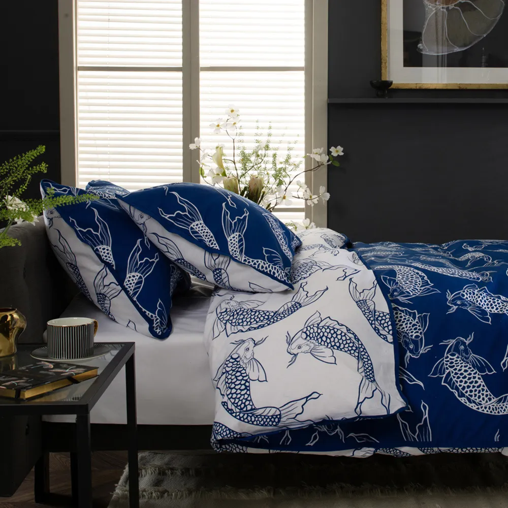 Dancing Koi King Size Duvet Set - Navy
