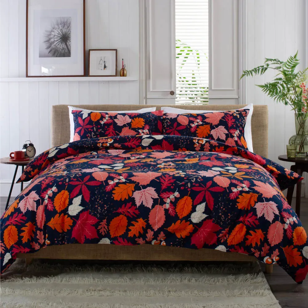 Double Autumn Leaves Brushed Cotton Duvet Set - Blue
