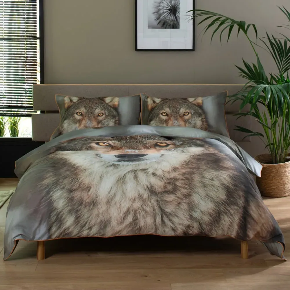 Double Wolf Duvet Set - White, Cotton