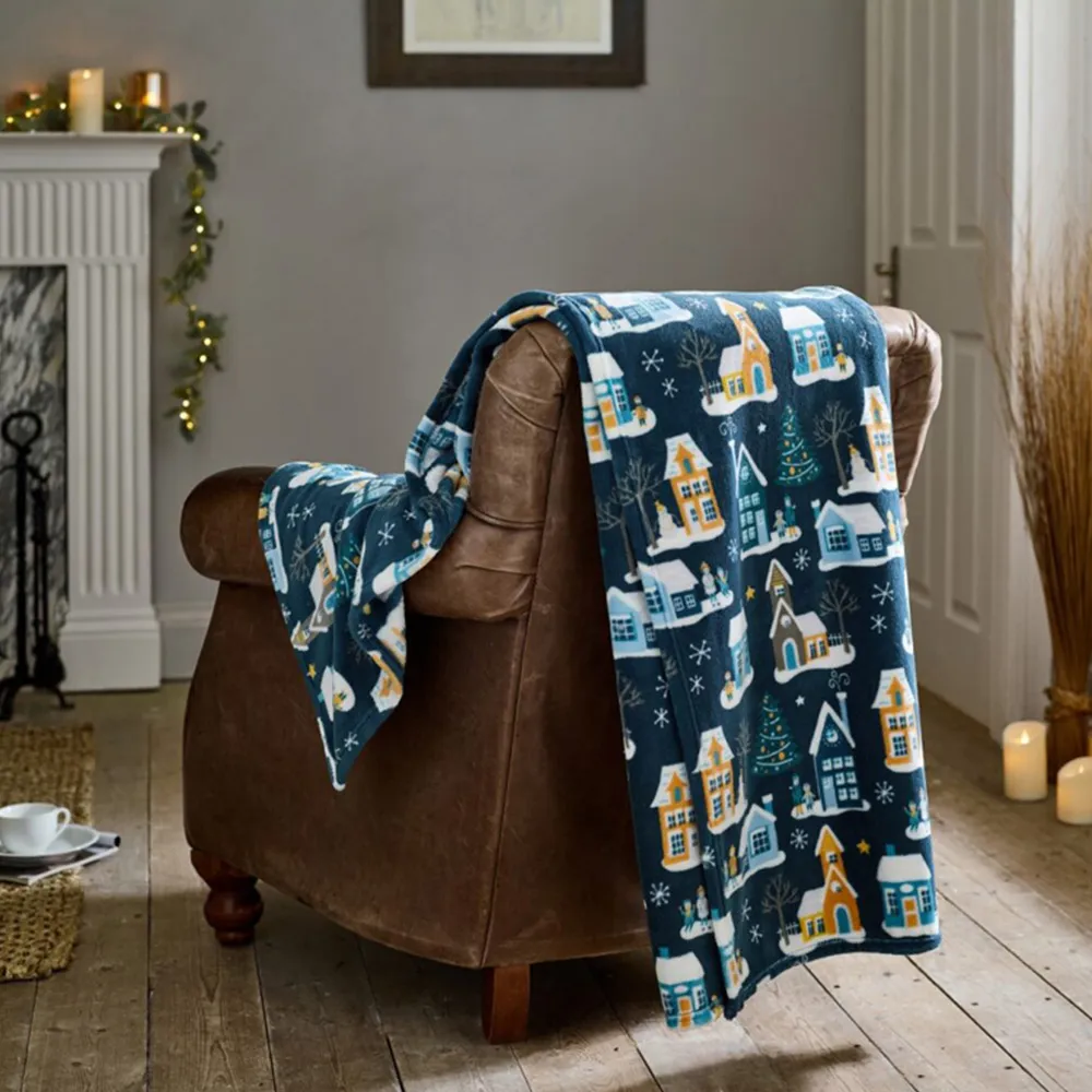 Festive Village Christmas Throw - Navy, Coral Fleece