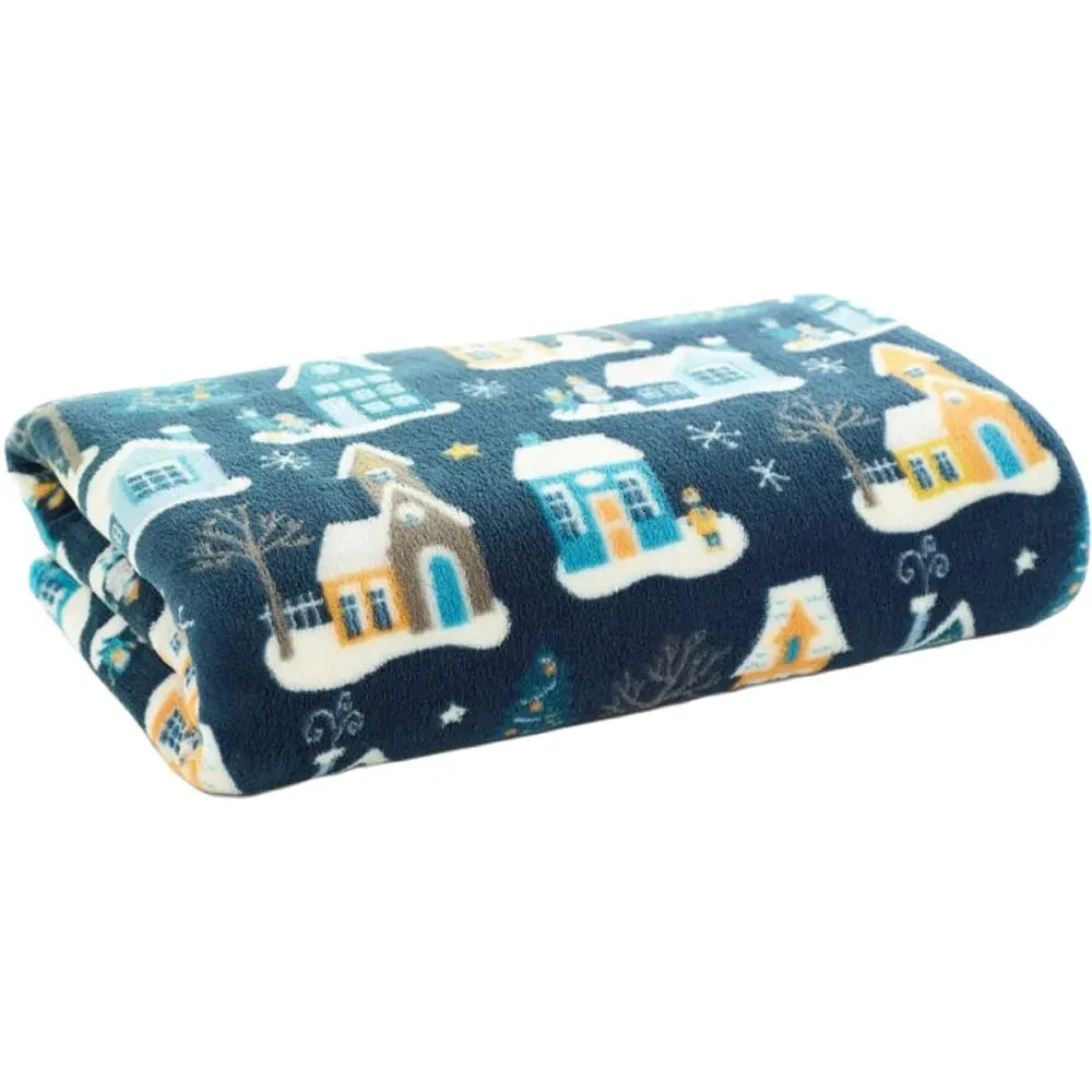 Festive Village Christmas Throw - Navy, Coral Fleece