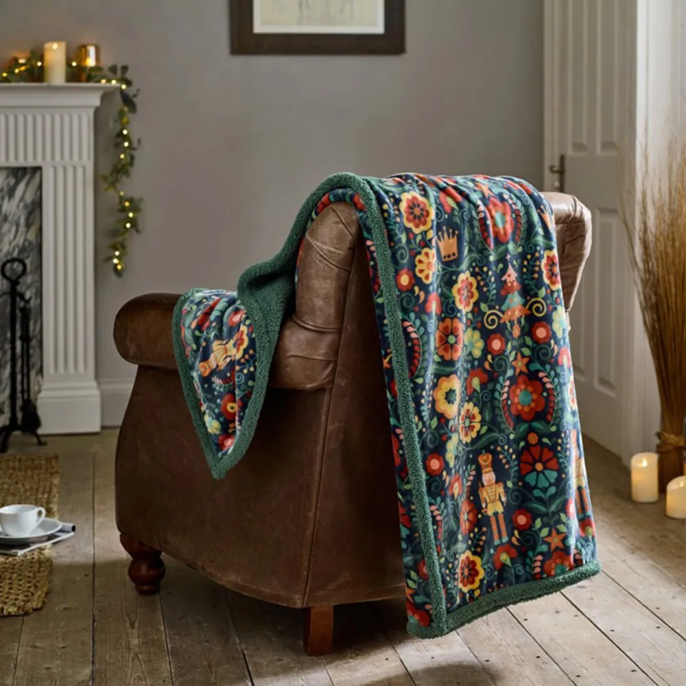 Folkloric Nutcracker Christmas Throw - Navy, Flannel