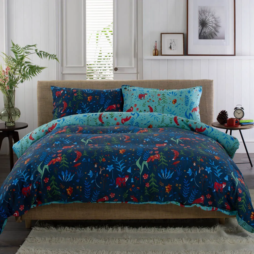 Fox and Floral Single Duvet Set Reversible - Purple, Cotton image