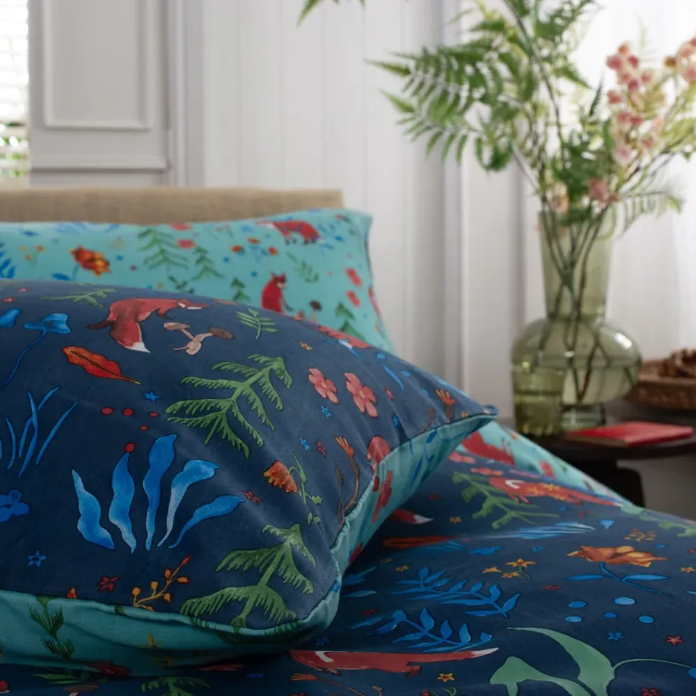 Fox and Floral Super King Duvet Set Reversible - Orange, Cotton