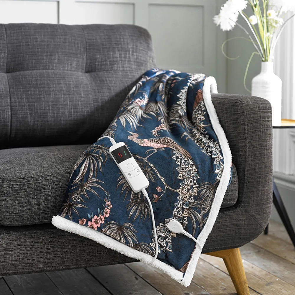 Peacocks Fleece Electric Heated Throw - Blue